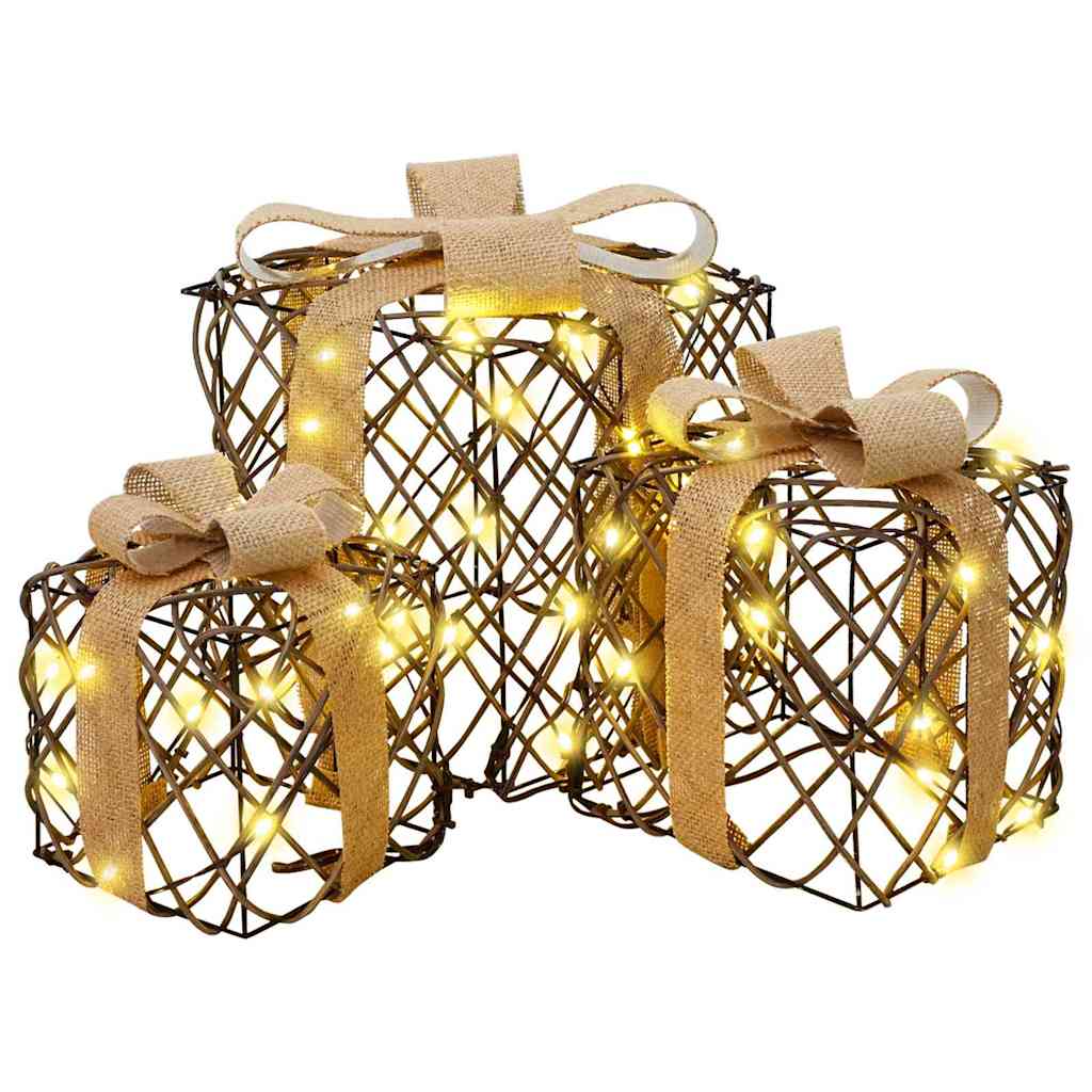Geschenkbox mit 60 LEDs 3 pcs Warmweiß 20 x 20 x 20 cm Rattan