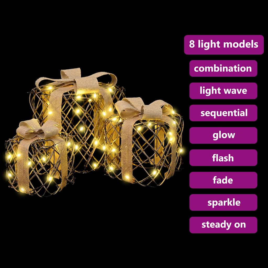 Geschenkbox mit 60 LEDs 3 pcs Warmweiß 20 x 20 x 20 cm Rattan