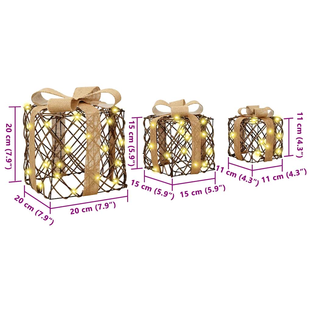 Geschenkbox mit 60 LEDs 3 pcs Warmweiß 20 x 20 x 20 cm Rattan